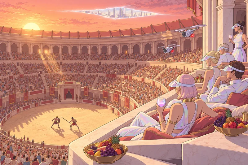 Desde el palco de mármol del Coliseo, gente del siglo XXV con ropa pálida y visores mira la arena llena mientras come; en el cielo, una grieta de luz deja ver una ciudad del futuro.