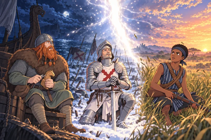 Una grieta de luz blanca parte la imagen y alcanza a tres guerreros de tres épocas: un vikingo de noche en su barco, un caballero de rodillas en la nieve y una guerrera de Dahomey entre la hierba.